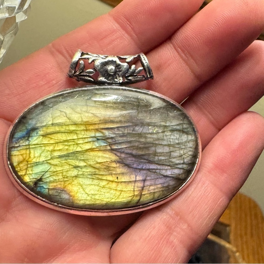 Fiery Labradorite 925 Silver Plated Chunky Pendant 1.6"